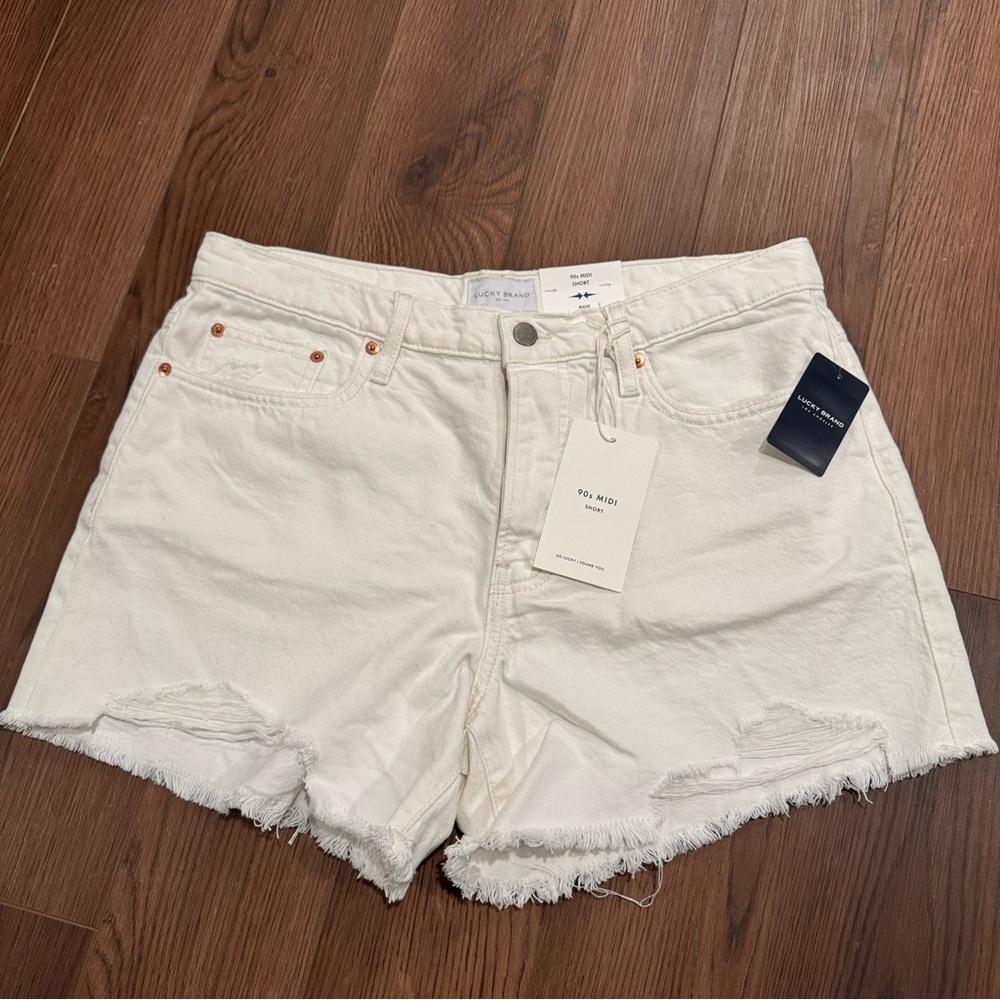 Lucky Brand White Jean Shorts Midi-Waisted Frayed